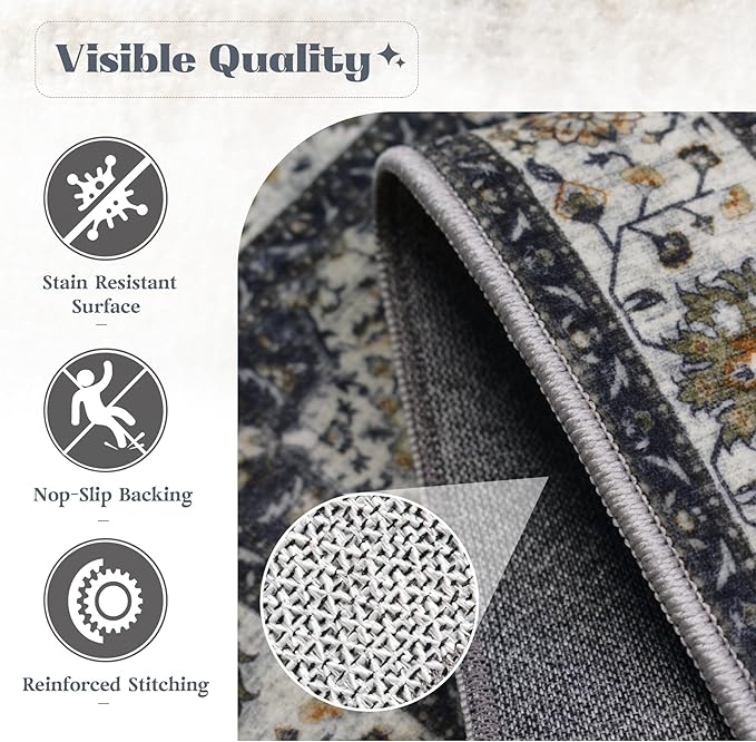 Area Rug 6x9 Washable Rug, Vintage Boho Medallion Rugs Non-Slip Soft Low Pile Large Distressed Rug Indoor Retro Carpet for Living Room Bedroom Dining Room Home Office (Vintage Black, 6'x9')