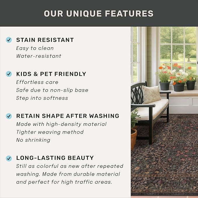 Boho Dark Brown 3x5 Large Entryway Rug - Moody Neutral Washable Low Pile Area Rugs Non-Slip for Mudroom, Door Mat Indoor Entrance, Kitchen, Laundry, Taupe Golden Accent Floral Floor Decor