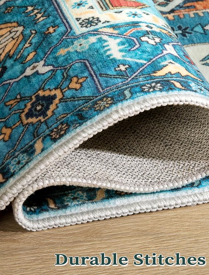 SERISSA Boho Washable Runner Rug, 2'6"x10' Rug Runner Non-Slip Vintage Blue Hallway Kitchen Runner Rug Ultra Soft Print Distressed Tribal Floor Carpet Runner for Bedroom Bathroom Laundry Room