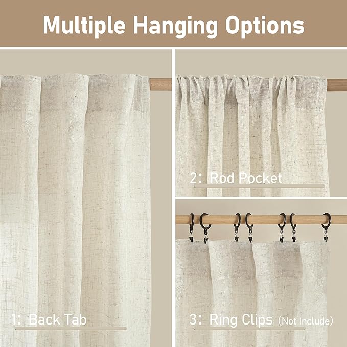 LAMIT Cafe Linen Curtains 30 Inch Length for Kitchen Windows Over Sink, Cream Ivory Semi Sheer Light Filtering Panels Back Tab and Rod Pocket Drapes for Small Window, 2 Panels, 34 x 30 Inch