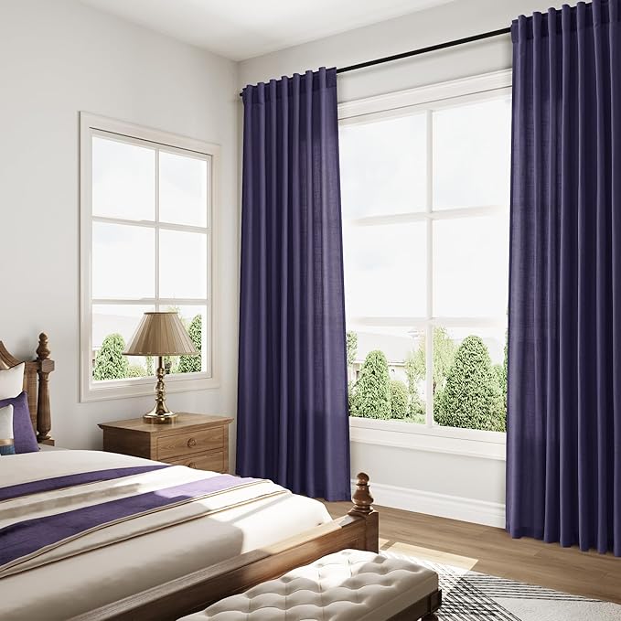 Purple Linen Curtains 90 Inch Long 2 Panels Set for Bedroom Living Room, Soft Linen Textured Window Drapes Semi Sheer Light Filtering Rod Pocket Back Tab Morden Style 52x90