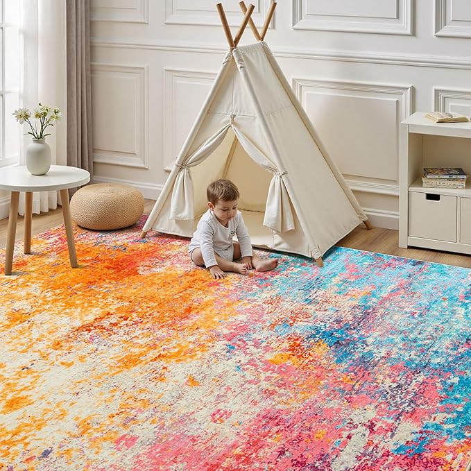 Rugflix 5x7 Area Rugs for Living Room, Washable Large Multicolor Rug Stain-Resistant Low Pile, Modern Carpet for Dining Room Home Office Kid Room Nursery Bedroom, Colorful Rainbow
