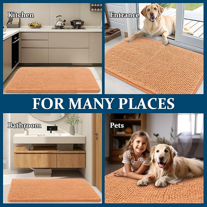 OLANLY Dog Door Mat for Muddy Paws 45x27, Absorbs Moisture and Dirt, Absorbent Non-Slip Washable Doormat, Quick Dry Chenille Mud Mat for Dogs, Entry Indoor Entryway Carpet for Inside Floor, Orange