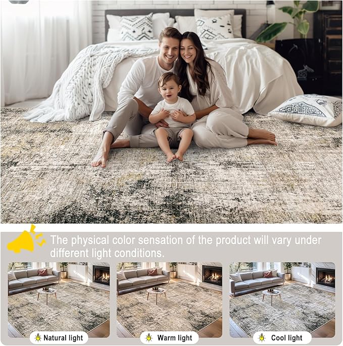 Area Rugs 9x12 Living Room - Washable Rug Modern Abstract Soft Large Neutral Non-Slip Carpet Indoor Floor Thin Carpets for Bedroom Dining Room Farmhouse Nursery Home Office Brown Black Grey
