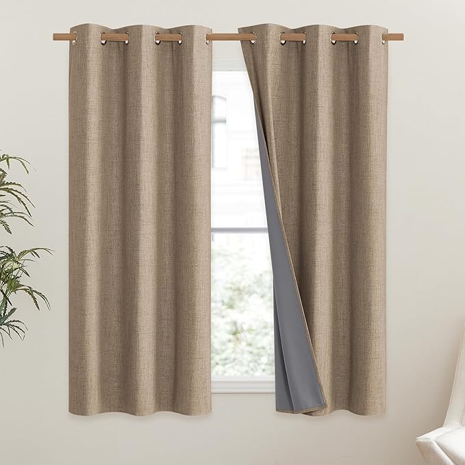 NICETOWN Burlap Vintage Open Linen Weave Flax Thermal Curtains, 100% Blackout Curtains 45" Long for Dining Room, Soundproof Window Treatment Drapes for Kitchen, 42" Wide Per Panel, Set of 2