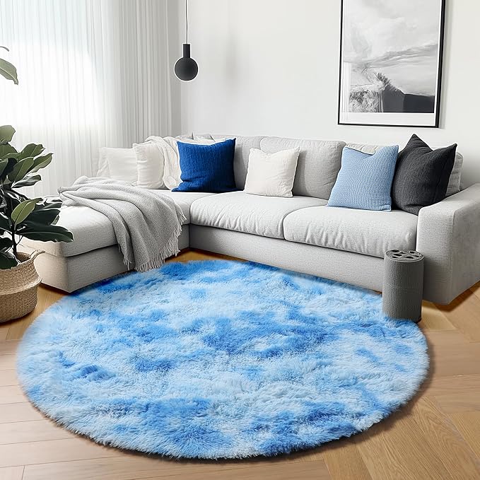 ONASAR Round Rugs 6ft for Living Room Bedroom, Tie-Dye Blue Fluffy Circle Area Rug for Kids Girls Boys Teen, Soft Plush Shaggy Carpet for Nursery Dorm Classroom Playroom Home Decor Aesthetic
