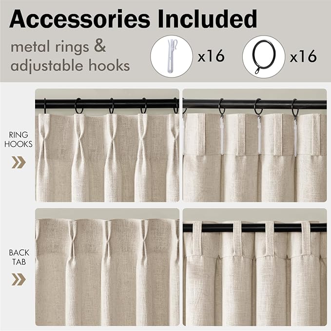 MIULEE Pinch Pleated Thick Linen Curtains 102 Inches Long 2 Panels for Living Room Bedroom, Pinch Pleat Drapes Back Tab Memory Trained Semi Sheer Privacy Neutral Ivory Cream Farmhouse Window Curtains
