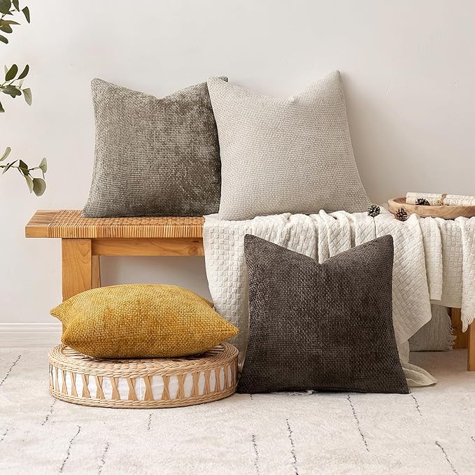 MIULEE Pack of 2 Lumbar Couch Throw Pillow Covers 20x12 Inch Neutral Gold Modern Boho Accent Decorative Pillow Covers Soft Chenille Farmhouse Cushion Covers for Home Decor Bed Sofa Living Room