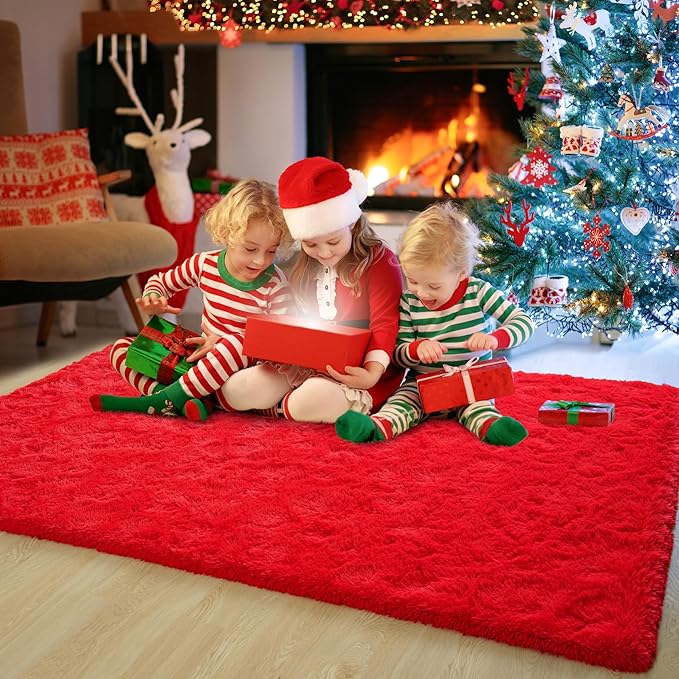 Chicrug Soft Area Rugs for Bedroom Living Room Plush Fluffy Rug 5x8 Feet, Shag Furry Area Rug Carpet Non Shedding for Nursery Children Kids Girls Room Home Decorative, Red