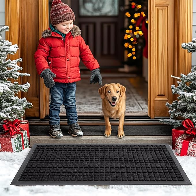 Smiry Front Door Mat Outside Entrance, Heavy Duty Natural Rubber Doormat, Non Slip, Trap Dirt and Moisture, Easy Clean, Low Profile Welcome Floor Mats for Indoor Outdoor Entry, 59x23 Inch, Black