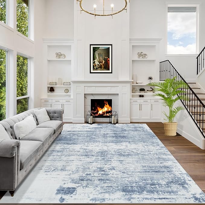 8x10 Area Rugs Washable Rug: Modern Abstract Living Room Rug Soft Anti-Skid Thin Carpet Indoor Floor Non-Shedding Carpets for Bedroom Dining Room Farmhouse Nursery Home Office Blue White