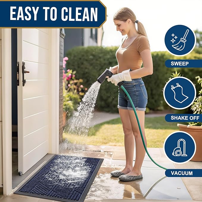 Smiry Front Door Mat Outside Entrance, Heavy Duty Sturdy Natural Rubber Doormat, Trap Dirt and Moisture, Easy Clean Low Profile Mats for Indoor Outdoor Entry, Irregular Triangle (47x32, Navy Blue)