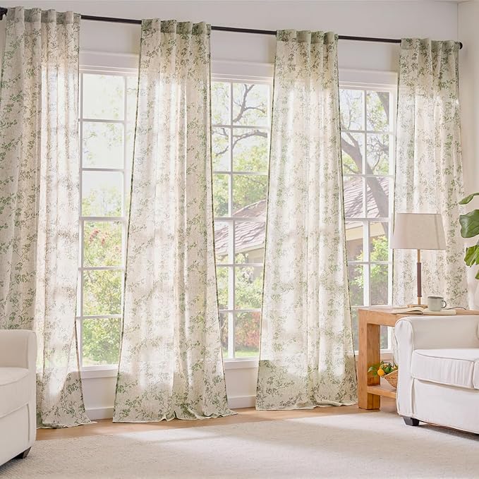 Lazzzy Farmhouse Linen Curtains Extra Long Green Floral Curtains 108 Inch Length Back Tab Drapes for Living Room Bedroom Light Filtering Country Vintage Rod Pocket, 2 Panels, Green on Beige
