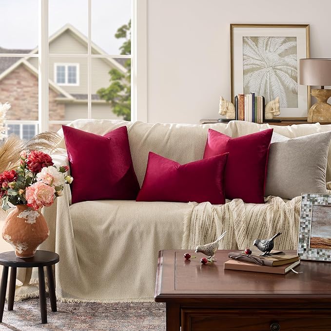 GIGIZAZA Velvet Pillow Covers 20x20: Pack of 2 Throw Pillows Soft Solid Covers - Burgundy Decorative Couch Small Cushion Covers Used for Chrismas Room Decor,Living Room,Bedroom,Sofa