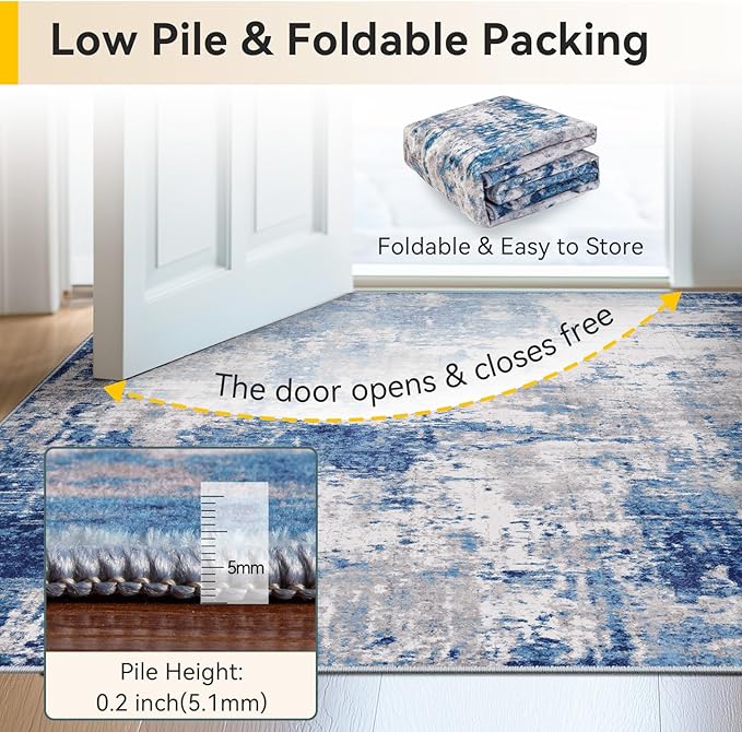 Washable Area Rugs Square 10ft Non-Slip Modern Abstract Soft for Living Room Entryway Bedroom Nursery, Print Pattern, Blue Grey Navy Gray