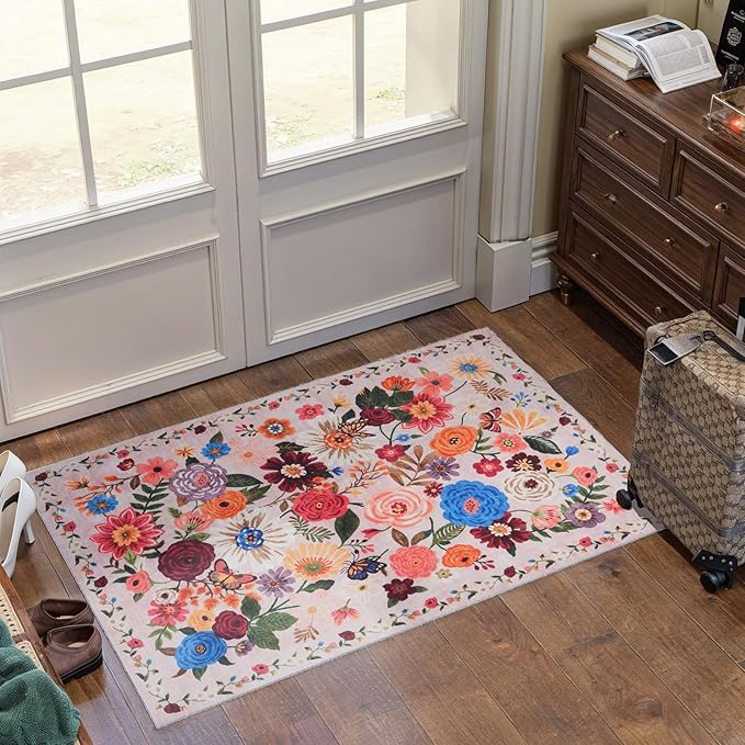 Pink/Beige Floral Rug for Entryway, 2X3 Washable Kitchen Mat Ultra-Thin Soft, Non-Slip Indoor Door Carpet Stain Resistant Boho Small Low-Pile Throw for Bathroom Bedroom (Beige/Pink Garden, 2 x 3)