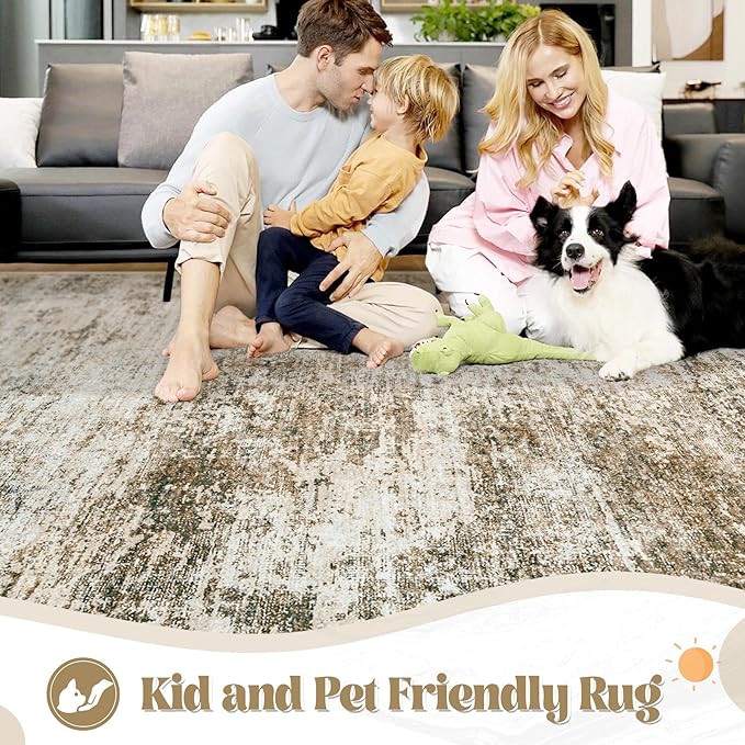 8x10 Area Rugs for Living Room, Washable Modern Abstract Large Area Rug Neutral Soft Non Slip Kids Rug Stain Resistant Indoor Carpet for Bedroom Nursery Dining Room Playroom(Brown, 8'x10')