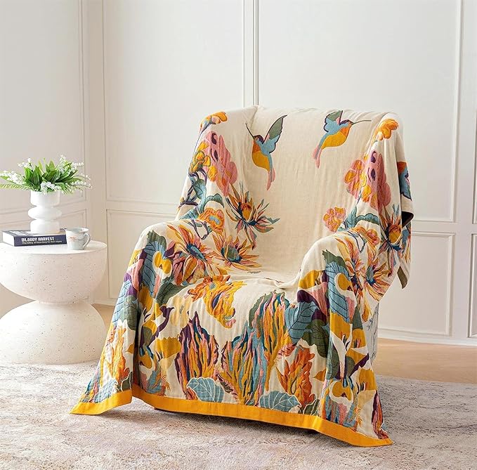 MSGKV 100% Cotton Throw Blanket for Bed Couch Fall 90''x 98'' Super Soft Muslin Blankets Warm Boho Quilt Lightweight Farmhouse Decorative Bed Blankets