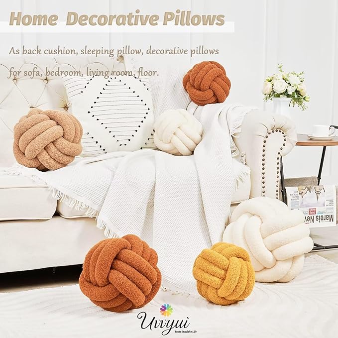 Uvvyui Knot Pillow Ball, Soft Home Decorative Pillows, Round Throw Pillow, Handmade Knotted Plush Pillow, Round Boucle Pillow Cushion (11 Inches Burgundy)