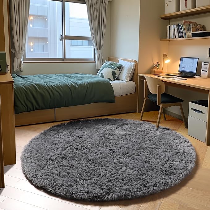 ONASAR Grey Round Rugs 7ft for Living Room, Fluffy Bedroom Circle Area Rug, Soft Plush Shaggy Carpet for Kids Girls Boys Teen Nursery Dorm Classroom Playroom Home Decor Aesthetic