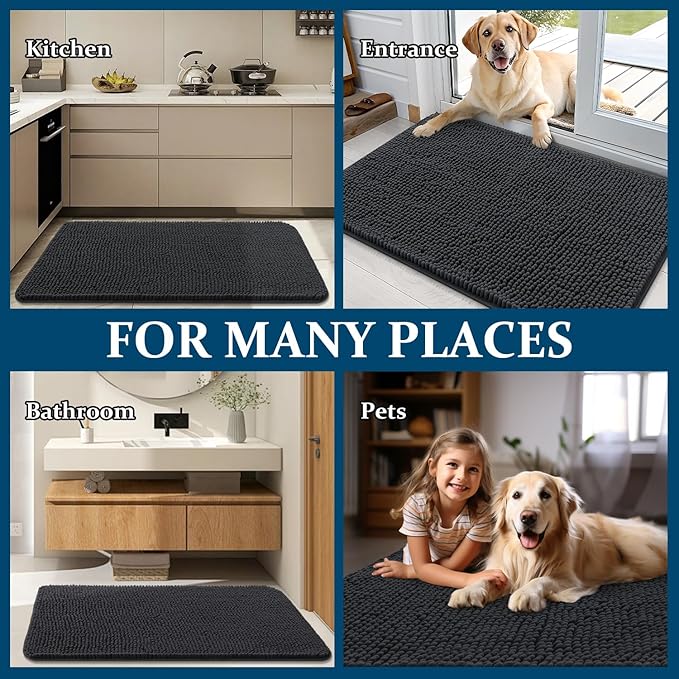 OLANLY Dog Door Mat for Muddy Paws 45x27, Absorbs Moisture and Dirt, Absorbent Non-Slip Washable Doormat, Quick Dry Chenille Mud Mat for Dogs, Entry Indoor Entryway Carpet for Inside Floor, Dark Grey
