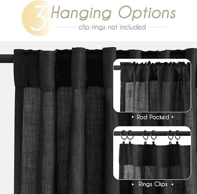 Black Linen Curtains 102 inches Long for Bedroom Back Tab Light Filtering Privacy Semi Sheer Black Curtains Living Room Boho Rustic Farmhouse Cotton Textured Gauze Curtain 2 Panel Set