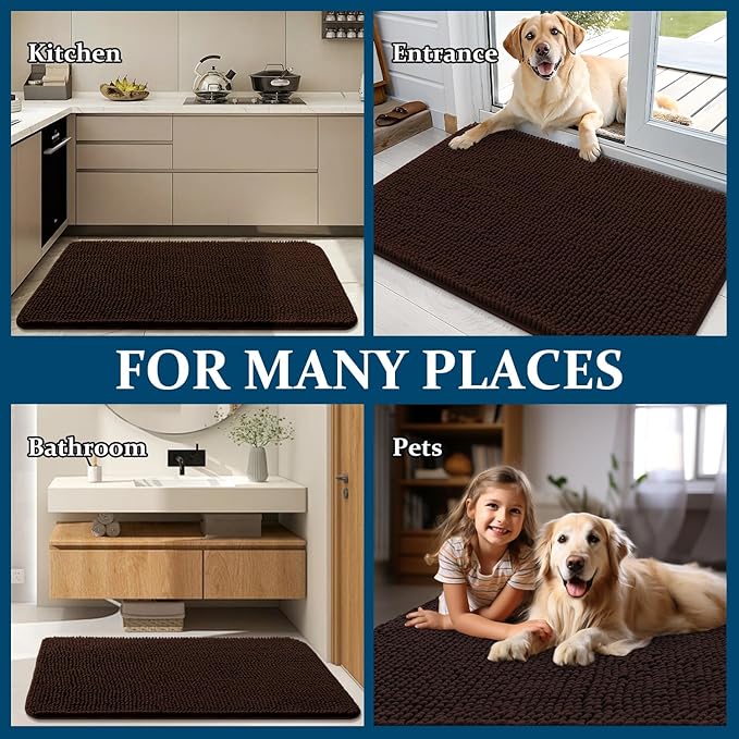OLANLY Dog Door Mat for Muddy Paws 54x24, Absorbs Moisture and Dirt, Absorbent Non-Slip Washable Doormat, Quick Dry Chenille Mud Mat for Dogs, Entry Indoor Entryway Carpet for Inside Floor, Brown
