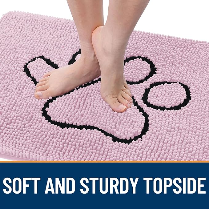 OLANLY Dog Door Mat for Muddy Paws 30x20, Paw Print Design, Absorbs Moisture and Dirt, Non-Slip Washable Doormat, Quick Dry Chenille Mud Mat for Dogs, Entry Indoor Entryway Carpet, Dusty Rose