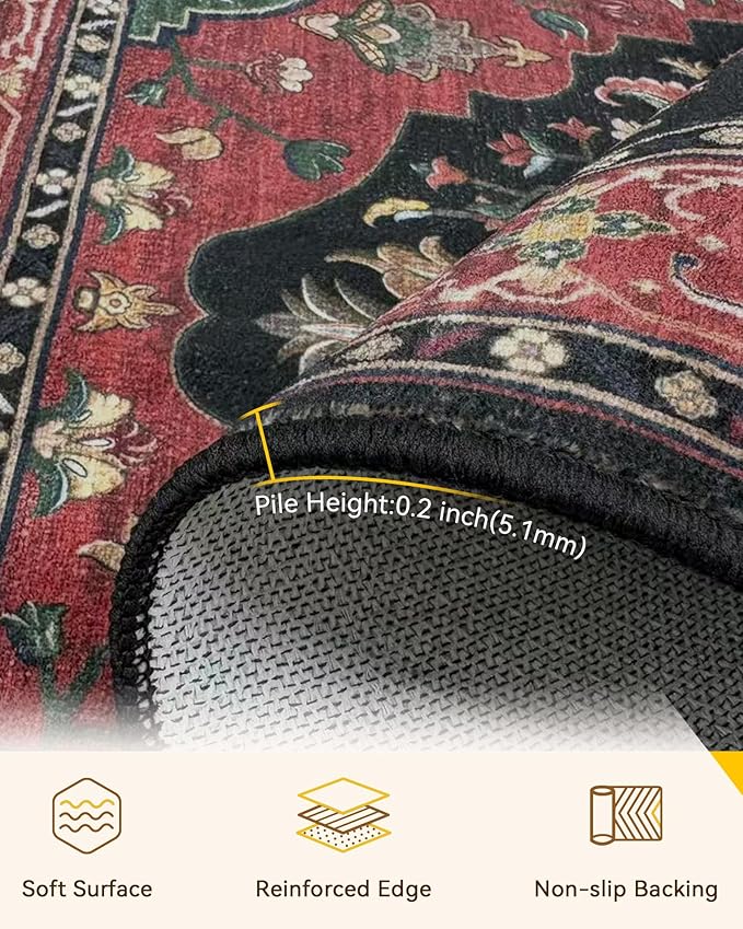 RELEANY Area Rugs 9'x12' Washable Non-Slip, Floral Vintage Distress Print Pattern Medallion Carpet for Living Room Bedroom Dining Room, Red Black