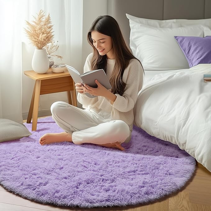 ONASAR Light Purple Round Area Rug 4ft, Soft Bedroom Circle Rugs Floor Mats for Kids Girls Teen Room, Cute Fluffy Plush Shaggy Carpet for Baby Nursery Living Room Playroom Dorm Home Decor