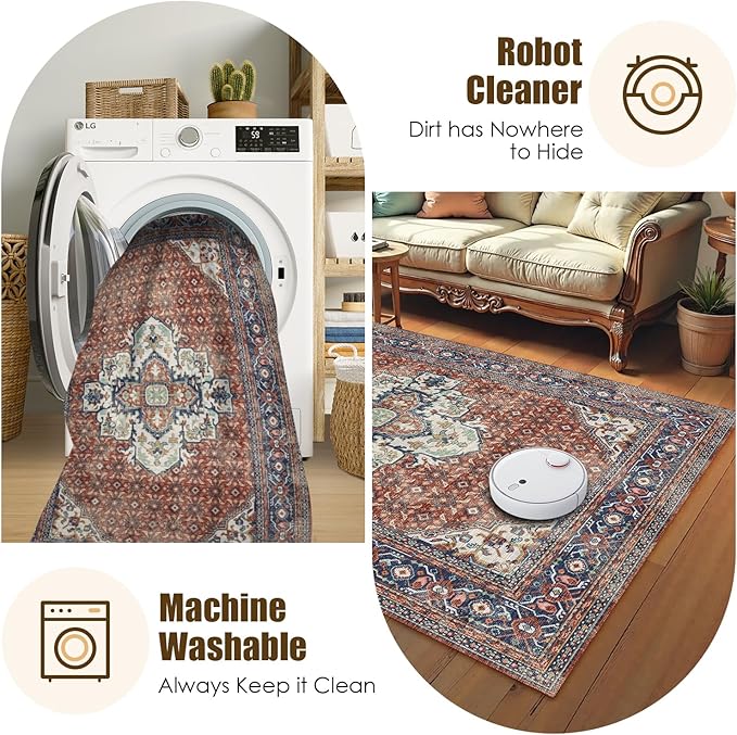 Washable Area Rug 3' x 5 ' Vintage Traditional Persian Mat - Foldable Distressed Non-Slip Machine Washable Carpet for Living Room Bedroom Kitchen Home Decor - Terracotta and Navy