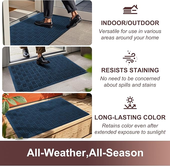 Mibao Front Door Mat Indoor Outdoor Entrance, Dirt Trapping Waterproof All-Season, All-Weather Doormat, Non-Slip Durable Natural Rubber Low Profile Easy Clean Patio Entrance Mat, 29.5" x 17", Blue