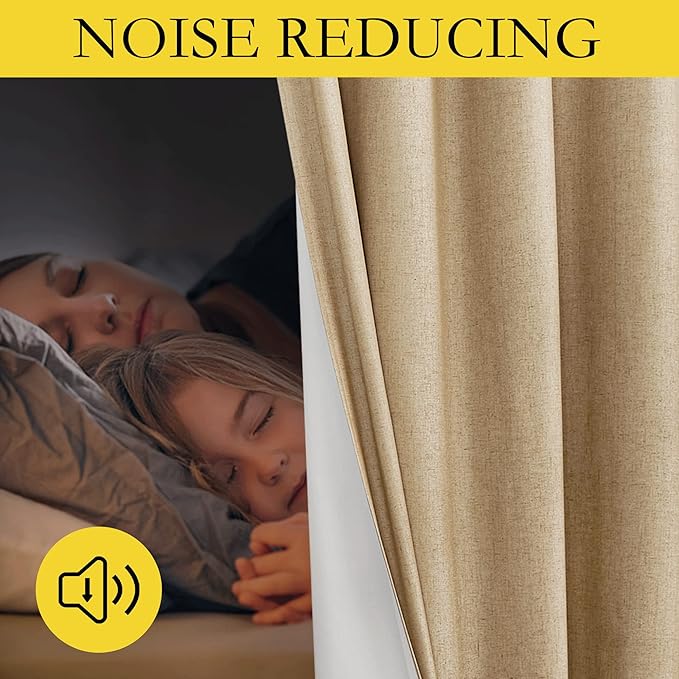 NICETOWN 100% Absolutely Blackout Linen Curtains with Thermal Insulated White Liner, Camel, W34 x L80, 2 Panels, Long Curtains 80 inch Length for Patio Door, Doorway, Office, Overnight Shiftworker