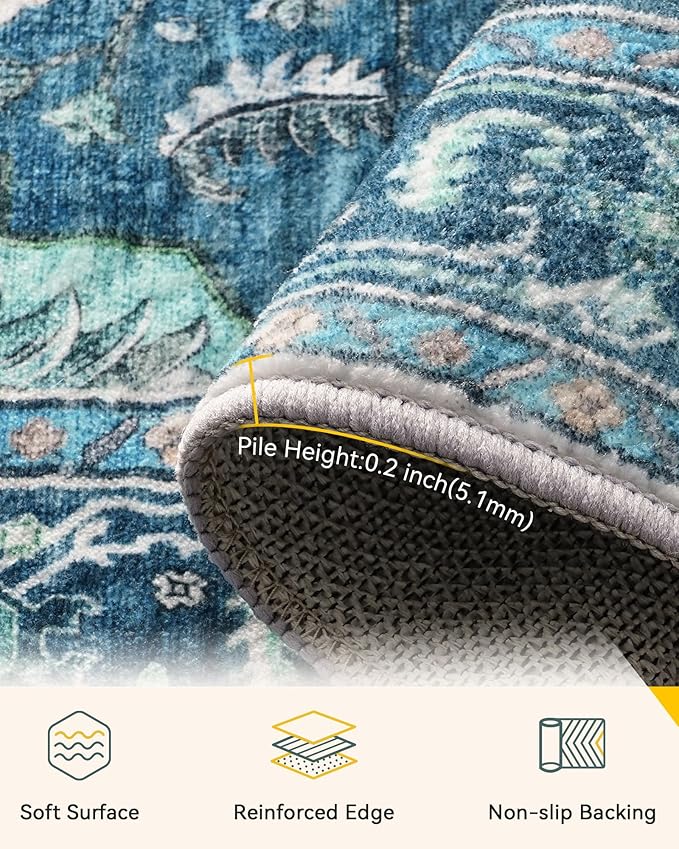 Area Rugs 2'x9' Runner Rug Non Slip Washable for Kitchen Hallway Bedroom Beside Laundry Room Bathroom Rug, Floor Carpet, Teal Green Lake Blue Turquoise