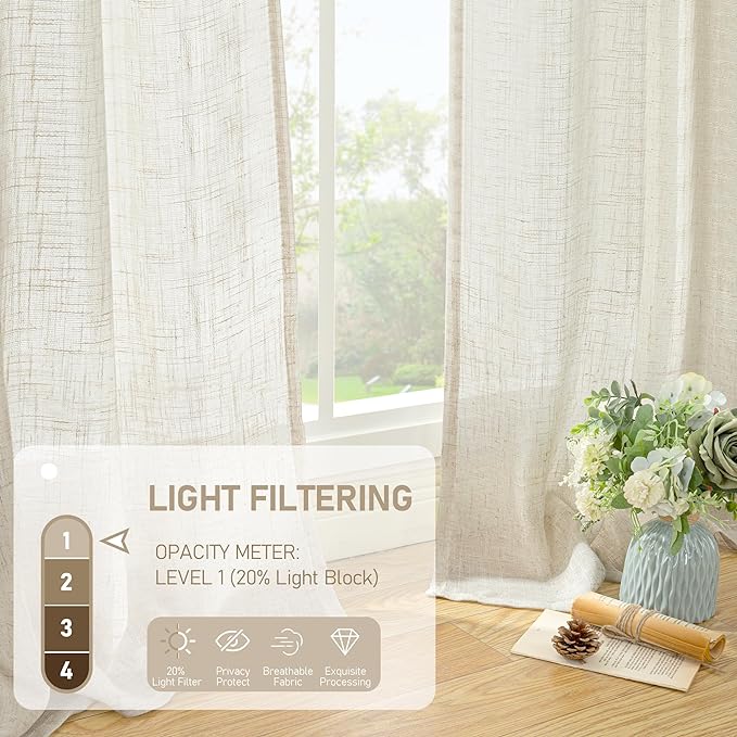 LAMIT 45 Inch Short Window Linen Curtains, Light Filtering Panels Back Tab and Rod Pocket Neutral Drapes for Cafe/Bathroom/Loft Room, Natural, 2 Panels, 34 x 45 Inch