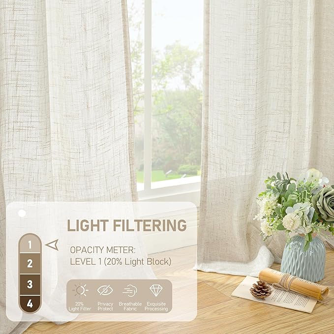 LAMIT 54 inches Long Semi Sheer Linen Curtains 2 Panels, Cream Ivory Light Filtering Panels Back Tab and Rod Pocket Boho Neutral Drapes for Living Room/Bedroom/Farmhouse, 38 x 54 Inch