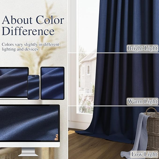 Guken Navy Blue 100% Blackout Linen Curtains 102 Inch Length 2 Panels Set for Living Room Bedroom Back Tab Thermal Insulated Black Out Linen Drapes Room Darkening Window Curtains,52x102