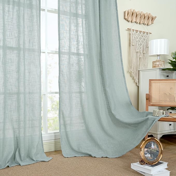 LAMIT Short Window Linen Curtains 36 Inch Length 2 Panels, Greyish Blue Light Filtering Panels Back Tab and Rod Pocket Neutral Drapes for Bathroom/Loft Room, 34 x 36 Inch