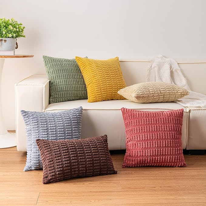 Pack of 2 Corduroy Decorative Throw Pillow Covers 20x20 Inch Soft Striped Pillow Covers Modern Farmhouse Home Decor for Sofa Living Room Couch Bed（Light Brown）