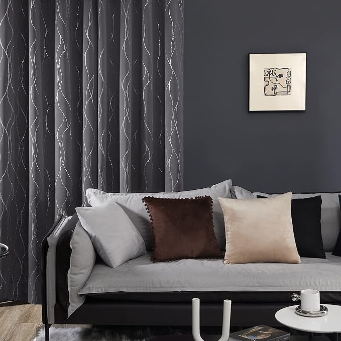 Deconovo Gray Curtains for Living Room, Blackout Drapes, Protect Pravicy Thermal Insulated Soundproof Window Drape, Wave Dots Foil Print, 52 x 108 Inch, Set of 2 Panels for Bedroom Sliding Glass Door