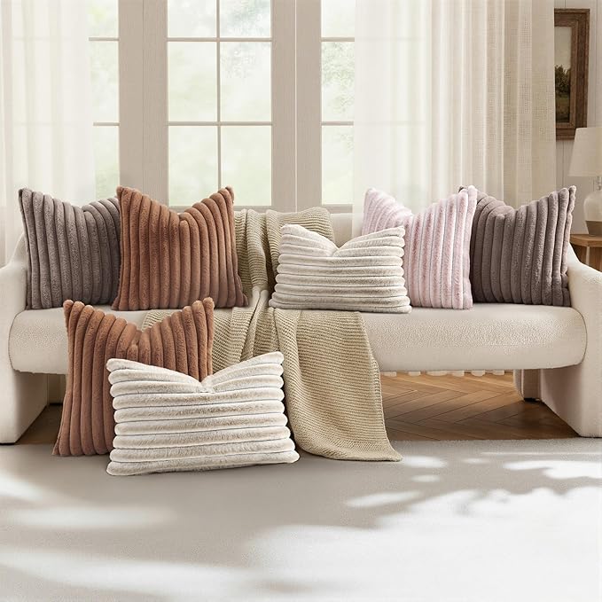 decorUhome Summer Cozy Faux Fur Throw Pillow Covers 18x18 Set of 2 Decorative Soft Plush Striped Modern Farmhouse Boho Couch Pillow Cases with Velvet Back for Sofa Bed Living Room, Pink White