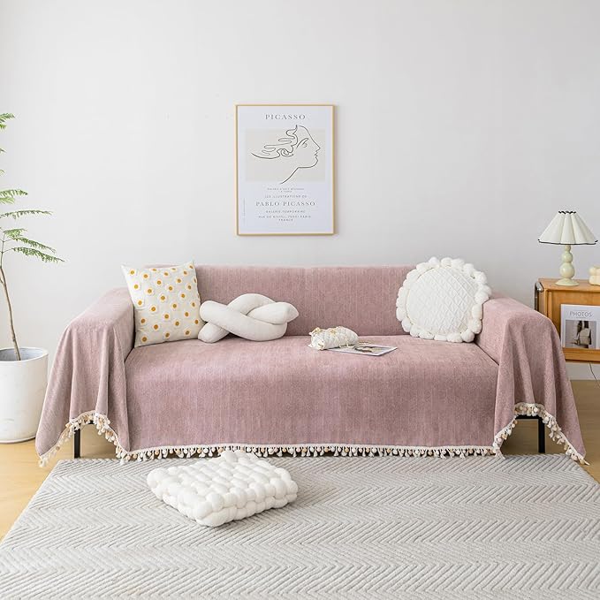 HANDONTIME Soild Couch Covers for Dogs Pink-Purple Sofa Covers Boho Cover for Sofa 3 Seats Chenille Sofa Throw Cover Mauve Sofa Covers for 3 Cushion Couch Tassel, Washable, Pet Friendly, 91" X134"