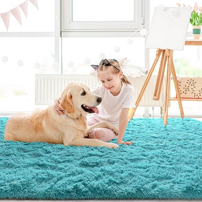 LOCHAS Ultra Soft Indoor Modern Area Rugs Fluffy Living Room Carpets for Children Bedroom Home Decor Nursery Rug 3x5 Feet, Teal Blue