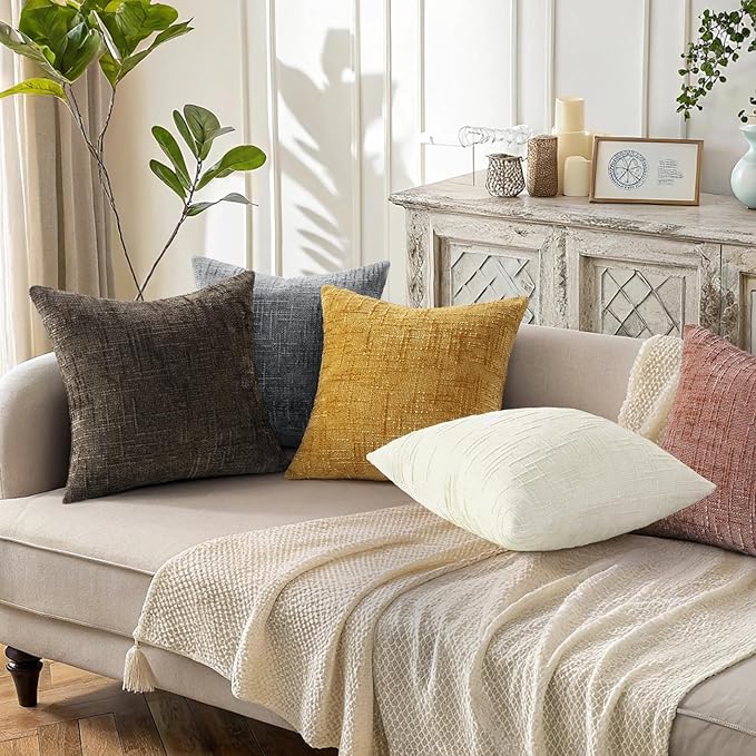 decorUhome Summer Pink Chenille Throw Pillow Covers 18x18 Set of 2 Textured Soft Cozy Slubby Couch Pillow Covers Modern Farmhouse Boho Decorative Pillow Cases for Bed Sofa Living Room