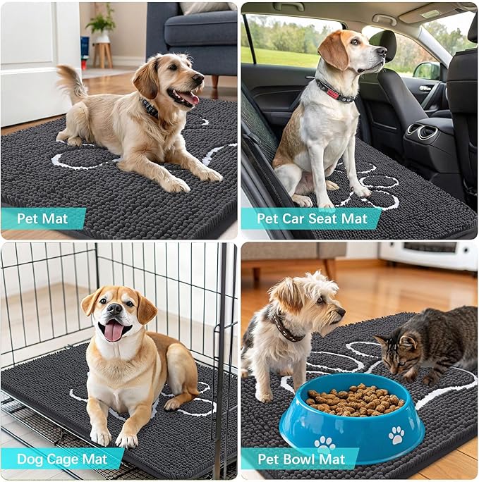 OLANLY Dog Door Mat for Muddy Paws 47x17, Paw Print Design, Absorbs Moisture and Dirt, Absorbent Non-Slip Washable Doormat, Quick Dry Chenille Mud Mat for Dogs, Entry Indoor Entryway Carpet, Dark Grey