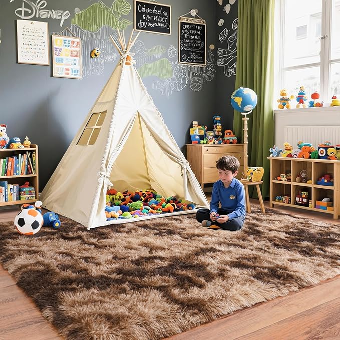 Pionblank 9x12 Area Rug, Large Area Rug for Living Room, Shag Rug for Bedroom Brown, Soft Furry Non Slip Carpet for Kids Room Nursery Teens Dorm Home Decor, Tie-Dyed Coffee