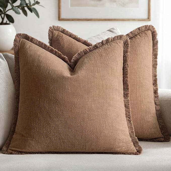 MIULEE Decorative Throw Pillow Covers Neutral Linen Fringe Throw Pillows Set of 2 Brown Boho Farmhouse Cushion Covers with Tassels for Couch Sofa Bed Living Room Spring Home Decor 20x20 Inch