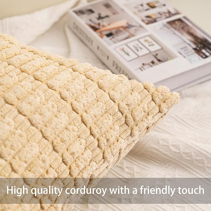 Pack of 2 Corduroy Decorative Throw Pillow Covers 26x26 InchSoft Striped Pillow Covers Modern Farmhouse Home Decor for Sofa Living Room Couch Bed（Beige）