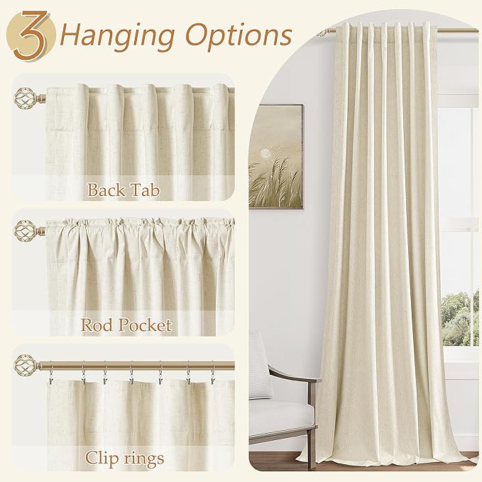 Guken Warm Beige 100% Blackout Linen Curtains 102 Inch Length 2 Panels Set for Living Room Bedroom Back Tab Thermal Insulated Black Out Drapes Room Darkening Farmhouse Style for Bedroom 52x102
