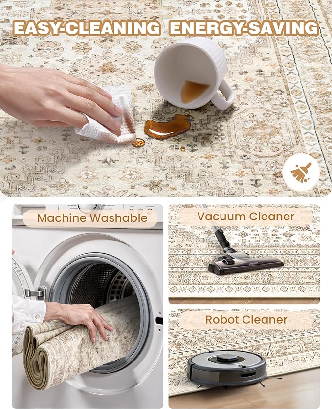 2x5 Rug Runner Washable for Entryway, Soft Bathroom Rugs with Non-Slip Backing,Vintage Low Pile Stair Runner, Small Kitchen Carpet for Hallways, Laundry Room(Cream/Beige,2'x5')